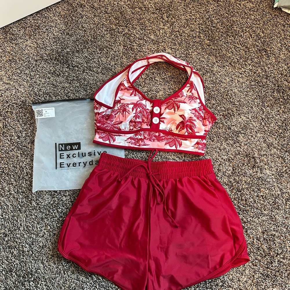 Red Tropical Print Bikini Top and Shorts Set